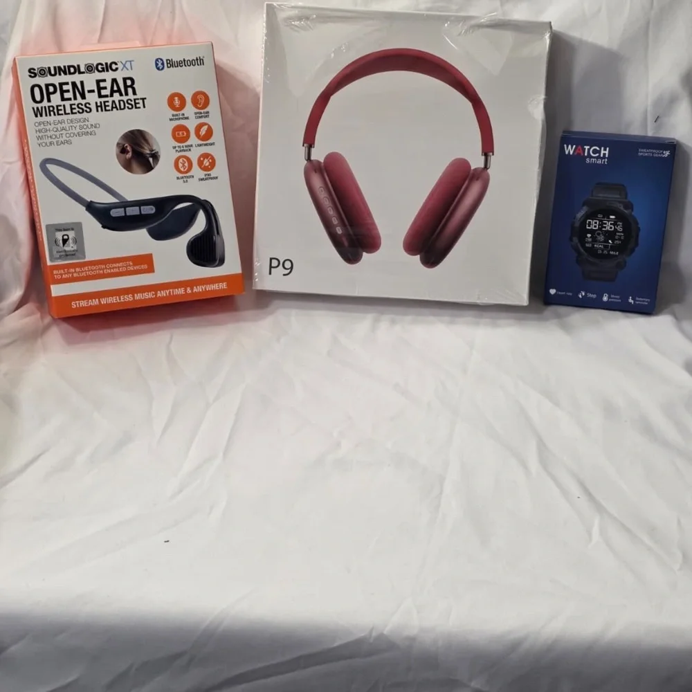 BUNDLE (Red P9 Wireless Headphones + SoundLogic OpenEar + Pink Smart Watch)